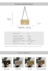 Dettagli borsa a tracolla con catena trapuntata, misure 22x13x7cm e quattro colori metallici