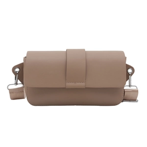 Minimalist beige rectangular crossbody bag with adjustable wide strap on white background