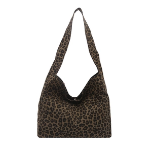 Minimalist large leopard print canvas hobo bag for women with wide shoulder strap