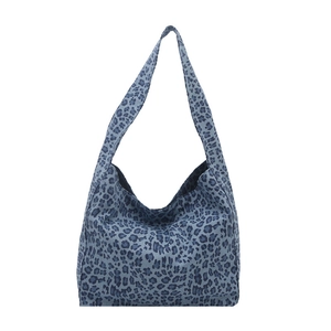Sac fourre-tout en toile à imprimé léopard bleu avec large bandoulière et grande capacité