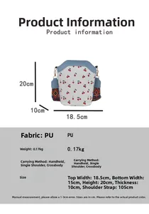 Detailed size specifications for white cherry print bucket bag with colorful strap