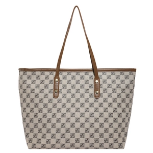 Retro canvas tote bag with black letter print and brown leather handles in large size