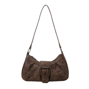 Retro brown faux leather underarm bag with metal buckles and Y2K vintage rivet accents