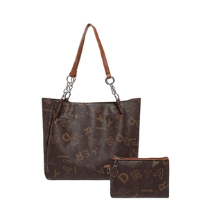 Retro chocolate brown oversized tote bag with letter print and matching small pouch
