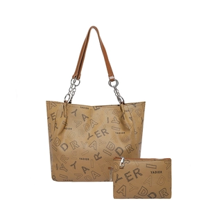 Brown monogram tote bag set with matching pouch and silver chain link shoulder straps