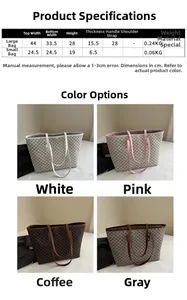 Detailed size chart and dimensions for large and small tote bags in four color options