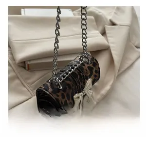 Macro shot of leopard print mini bag with silver bow hardware and chain strap details
