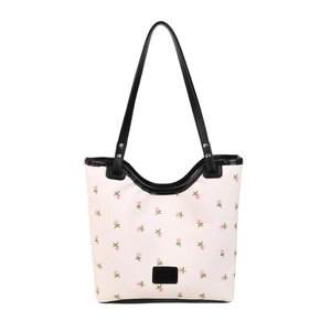 Grand sac cabas à imprimé floral en cuir PU blanc crème avec des anses noires