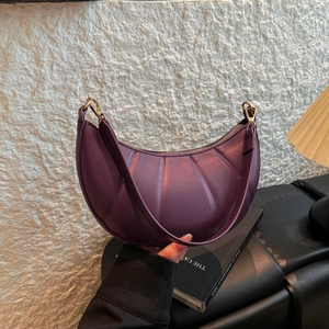 Elegant purple crescent shoulder bag with vertical quilted pleats and gold chain detail