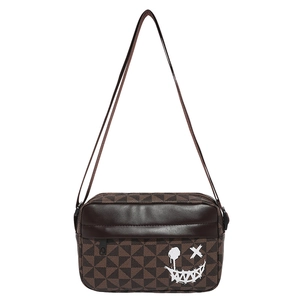 Brown geometric pattern crossbody phone bag with trendy graffiti smiley face design