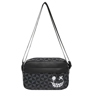 Fashionable crossbody square bag with geometric triangle patterns and graffiti smiley face