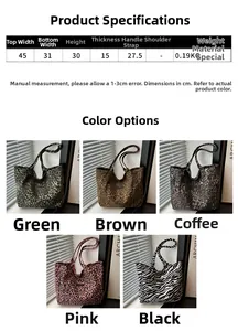Detailed size chart and multi-color collection of leopard print canvas tote bags