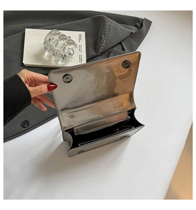 Dettaglio dell'interno della borsa metallizzata argento con bottoni magnetici