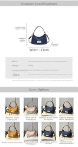 Infographic showing dimensions 21x12x10.5cm and color options for the denim hobo bag