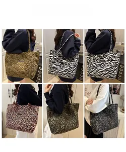 Detailed views of vintage leopard and zebra print tote bags on models in home settings