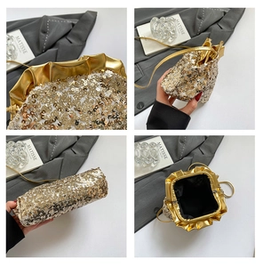 Detailed views of gold sequin crossbody bag including interior lining and metallic strap