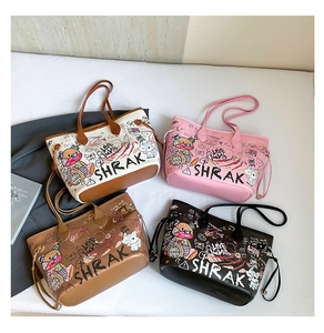 Detail showing high-quality graffiti tote bags in four trendy colors with artistic patterns