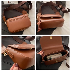 Detail view of brown saddle bag with canvas strap showing interior space and various angles