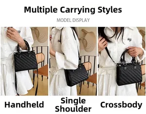 Black woven PU leather tote bag shown in hand-held, shoulder, and crossbody styles