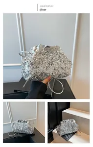 Detail showing various views of silver sequin cloud bag with elegant chain strap