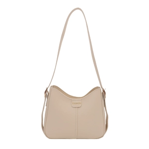 Sac seau minimaliste en similicuir beige avec boucle dorée et bandoulière réglable