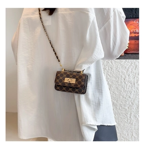 Detail view of mini chain crossbody bag with vintage pattern and gold twist-lock on a model