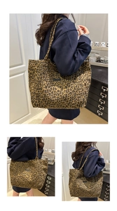 Three lifestyle views of a large leopard print canvas tote bag styled with casual outfits