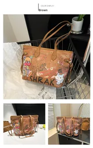 Detailed views of a brown tote bag featuring street-style graffiti and cartoon characters