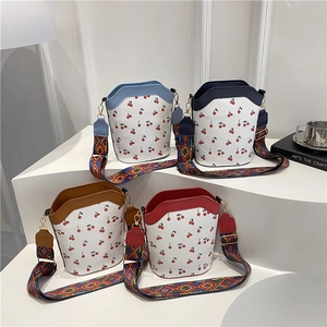Women Cherry Print Bucket Bag PU Leather Ethnic Wide Woven Strap Crossbody Shoulder Bag Sweet Trendy Small Square Purse