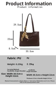 Detailed size chart for brown faux crocodile leather tote bag with silk scarf accent