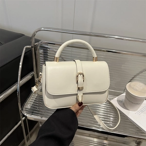 Vintage creamy white faux leather handbag with gold hardware and top handle for women