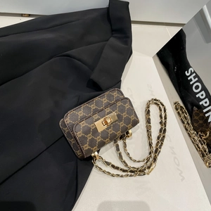 Mini vintage crossbody bag with brown monogram pattern and golden chain strap for women