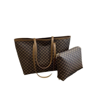 Retro monogram large capacity tote bag with matching pouch in brown leather trim