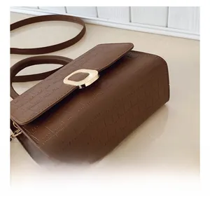 Detail shot of brown crocodile pattern handbag with elegant gold square metal buckle