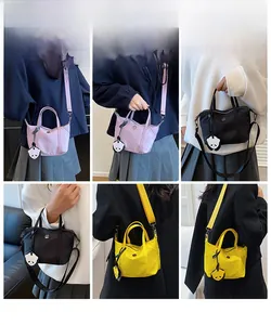 Collage of nylon crossbody bags in pink, black and yellow with cute panda charms