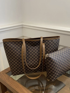 Large capacity tote bag set with pouch featuring brown geometric patterns and gold zipper