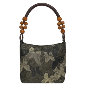 Retro butterfly embroidery handbag with wooden beads and woven handles on white background