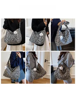 Multi-angle views of large leopard print tote bag with white pompom charm