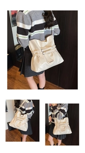 Three-frame view of an off-white patent leather tote bag showing side and back styling