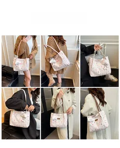 Detailed views of floral tote bag with cloud charm shown in various indoor settings