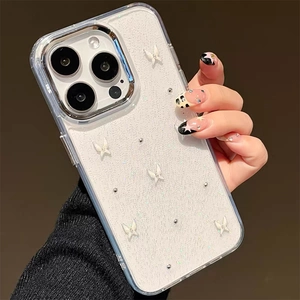 Sparkly glitter iPhone case with white resin butterflies and silver beads decoration