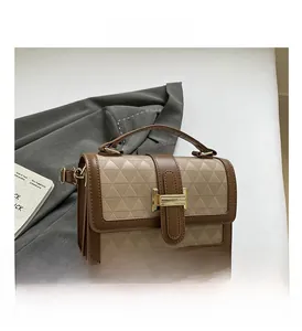Detailed view of brown geometric embossed flap and golden H-shaped clasp on small square bag
