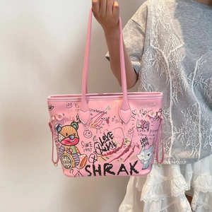 Graffiti Tote Bag Large Capacity PU Leather Streetwear Style Shoulder Handbag With Zipper Cartoon Print For Women