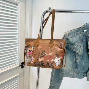 Graffiti Print Tote Bag PU Leather Large Capacity Street Style Shoulder Handbag For Women Casual Travel