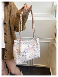 Detail of floral tote bag featuring pink bear prints and a white plush cloud charm