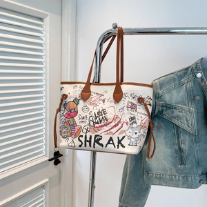 Retro graffiti canvas tote bag with brown leather trim and large capacity for women