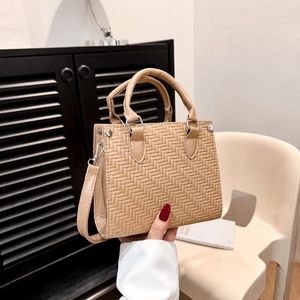 Apricot woven texture tote bag with herringbone pattern and detachable strap