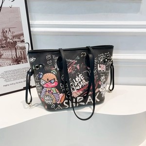 Graffiti printed black tote bag with vintage bear and heart illustrations