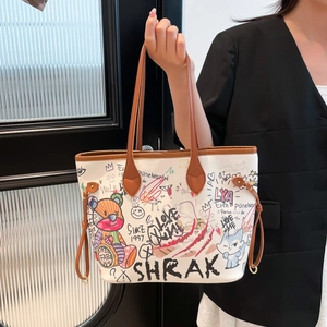 Cute graffiti tote bag with large capacity and brown leather handles for women