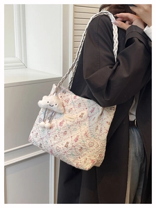 Floral bubble textured tote bag with cute bear print and cloud plush charm detail